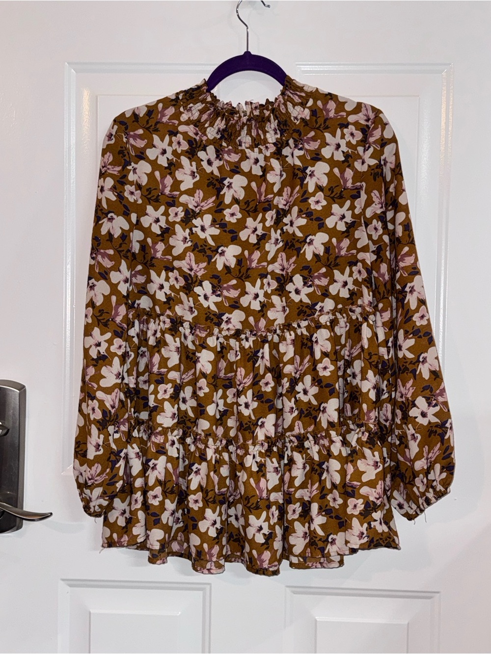 DownEast Floral Smocked-Neck Peasant Blouse in Brown, White & Pink